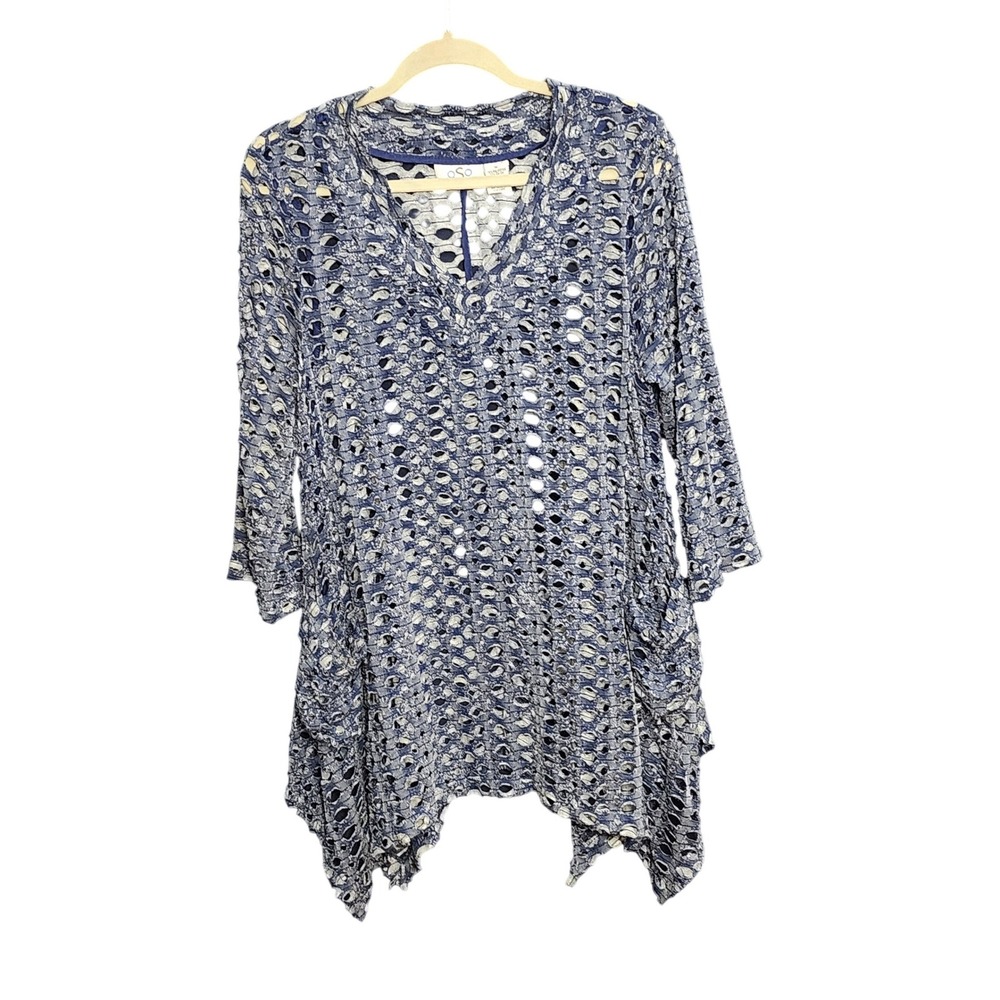 OSO Casuals Tunic Womens Medium Blue Excellent Open Knit Sharkbite Hem V-Neck